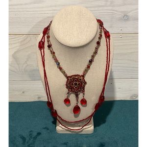 MCM Ruby Red Glass Embroidery beaded Necklace & Long beaded Acrylic Necklace